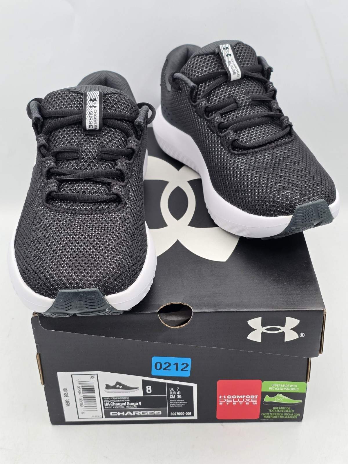 Mens Under Armour Charged Surge 4 Running Shoe Black, 8 Black/Anthracite/White