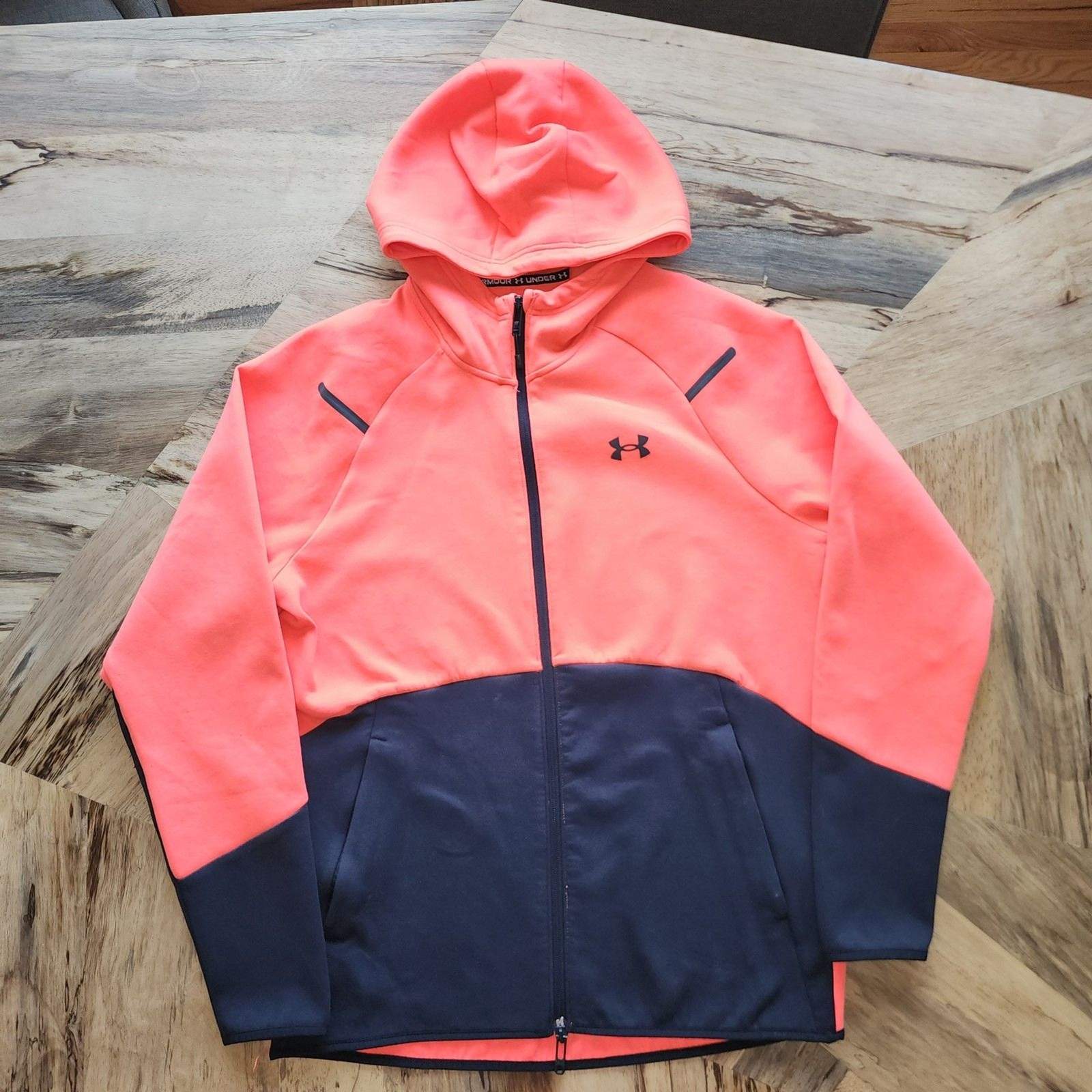 Under Armour Unstoppable Orange & Black Full Zip Fleece Hooded Jacket Sz M