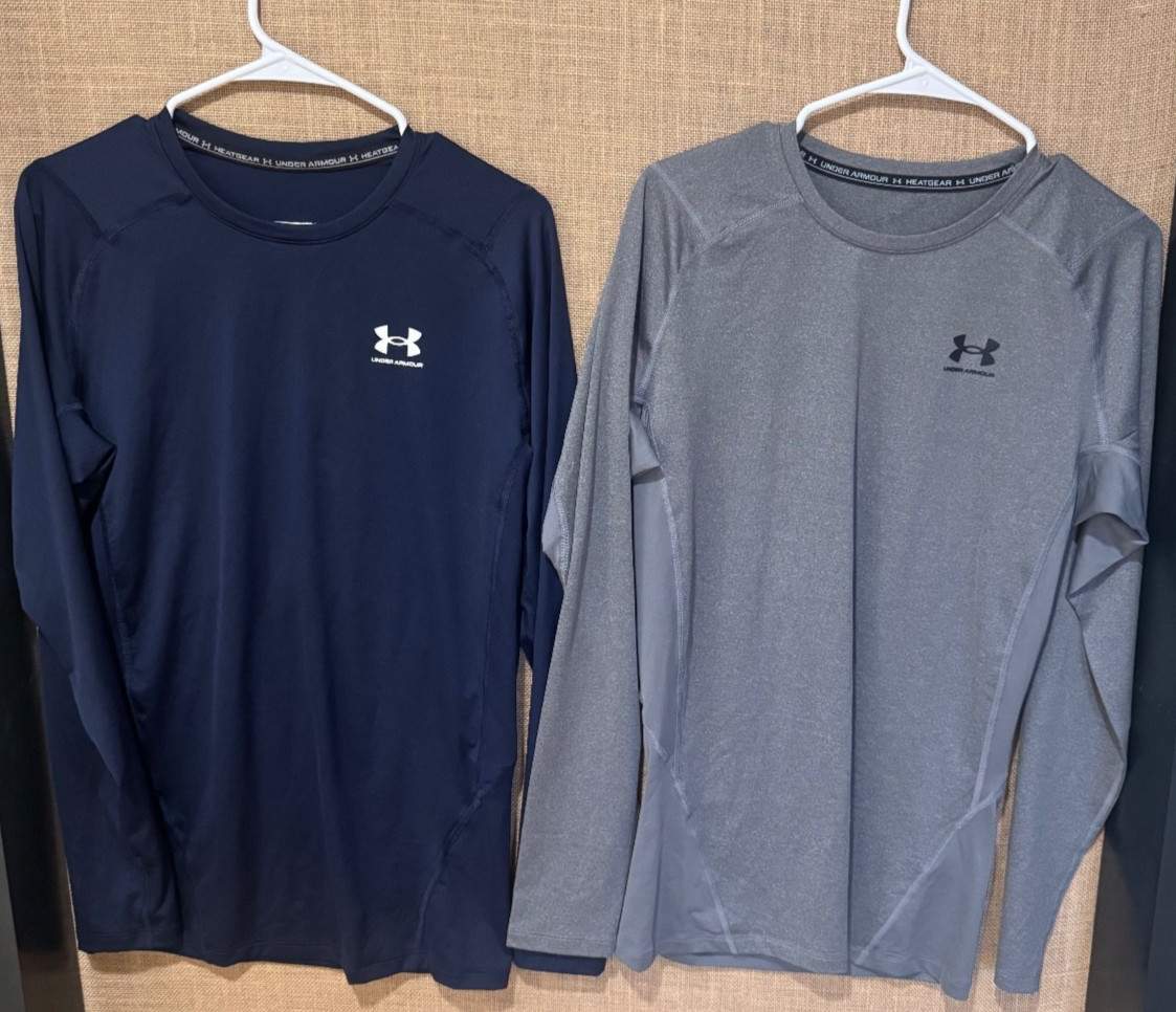 TWO Under Armour Men’s HeatGear Compression Size XL LONG SLEEVE Shirts Blue Grey