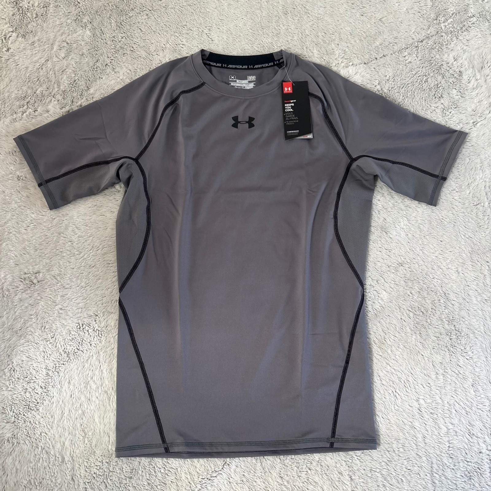 NEW Under Armour Mens Heatgear Compression Short Sleeve T-Shirt LG Gray Train