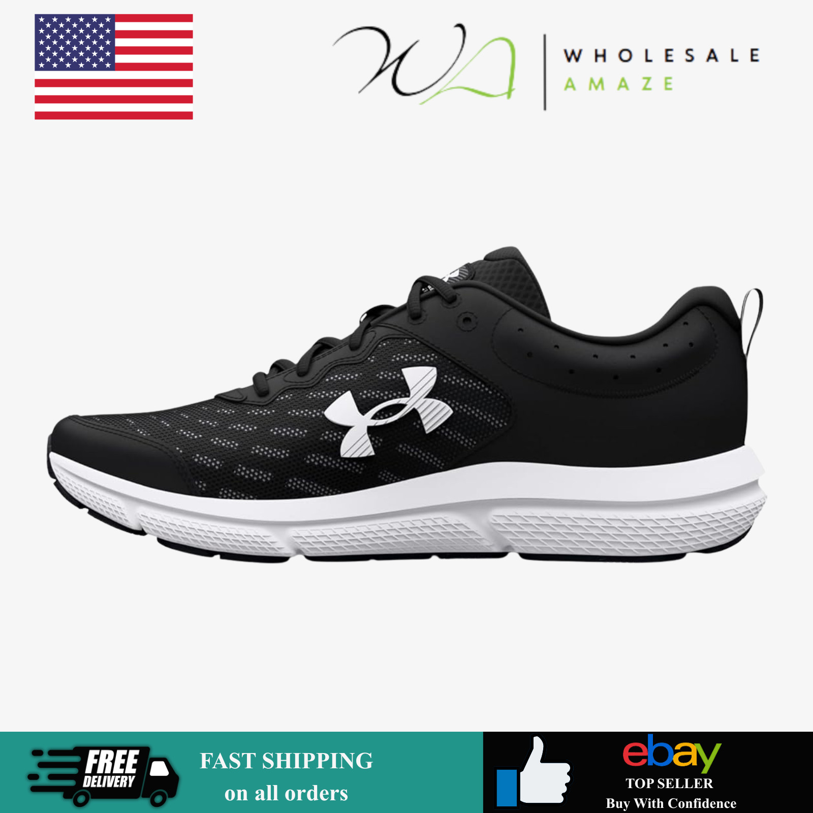 Under Armour Men’s Charged Assert 10, (001) Black/Black/White, 10.5, US