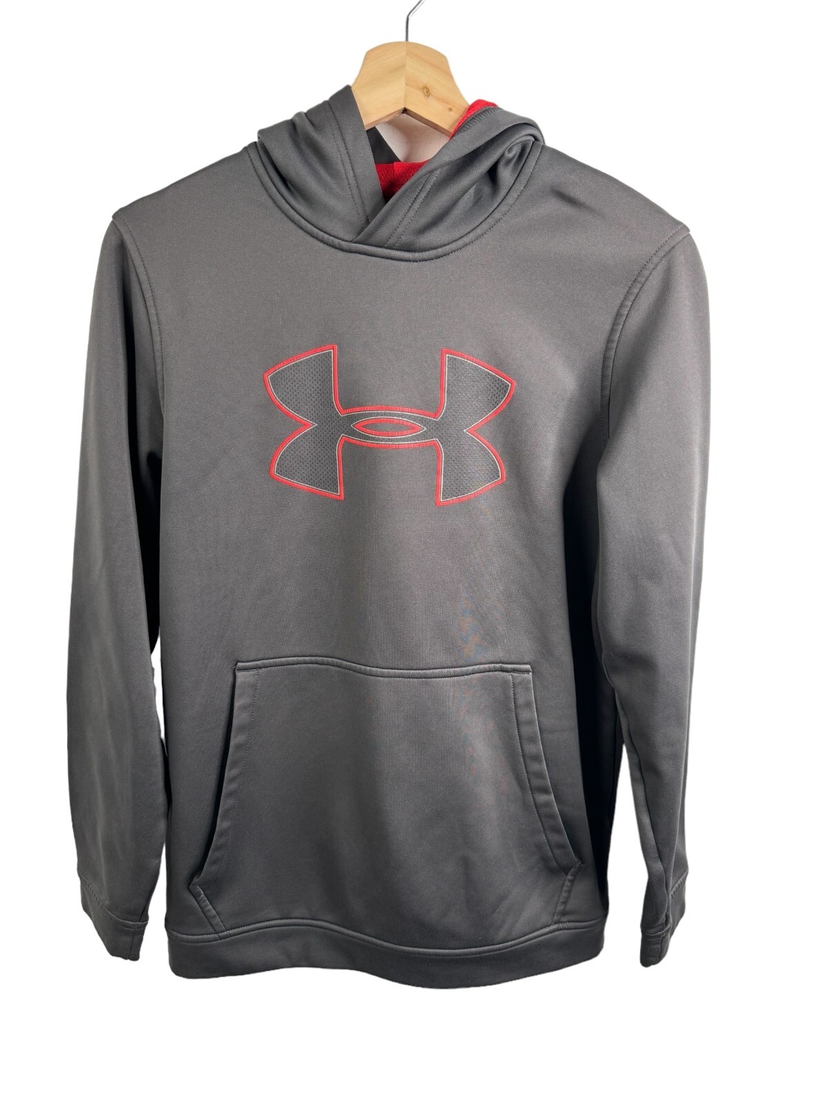 Under Armour Sweatshirt Hoodie Gray Red Logo Loose Fit men’s Size S Cold Gear