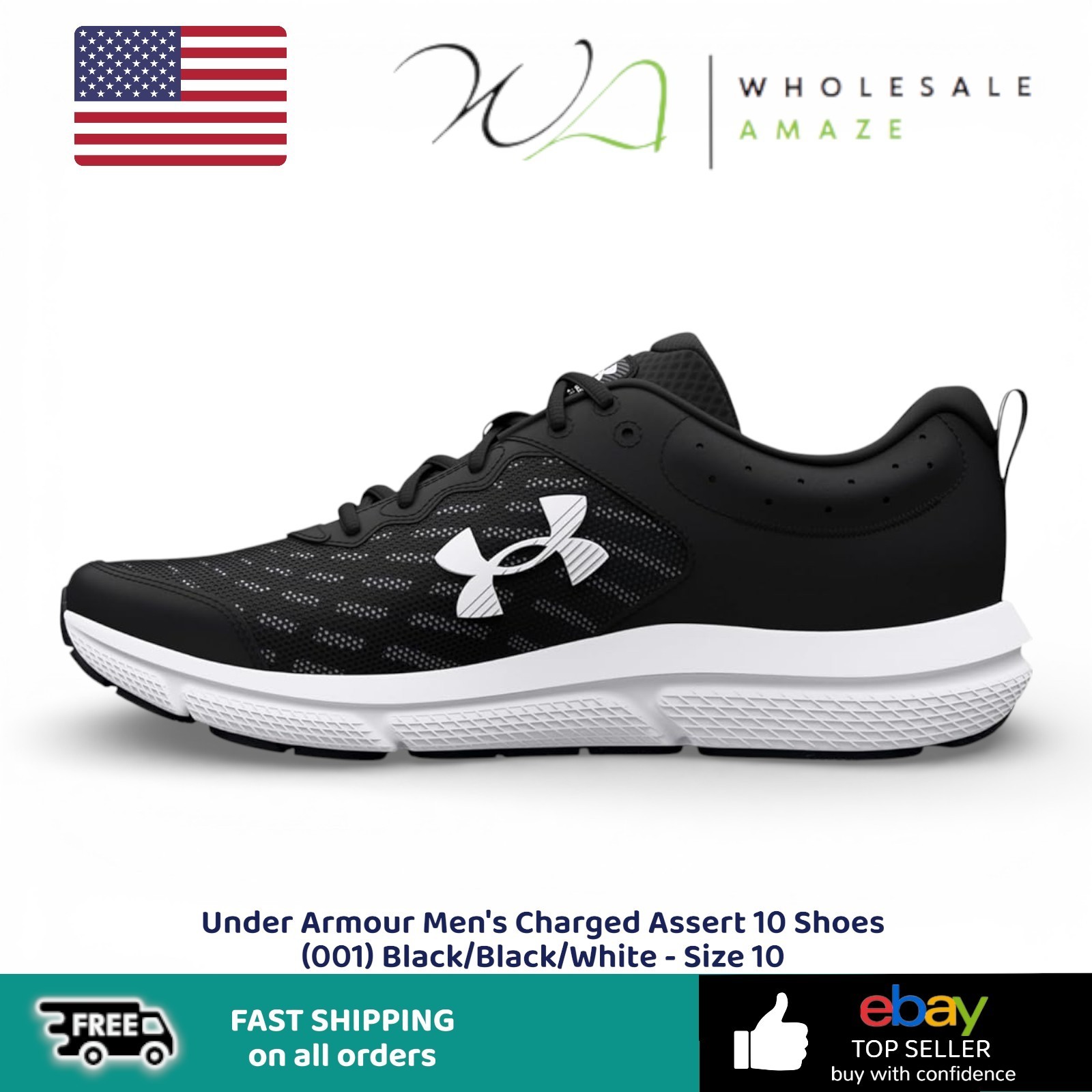Under Armour Men’s Charged Assert 10 Shoes (001) Black/Black/White – Size 10