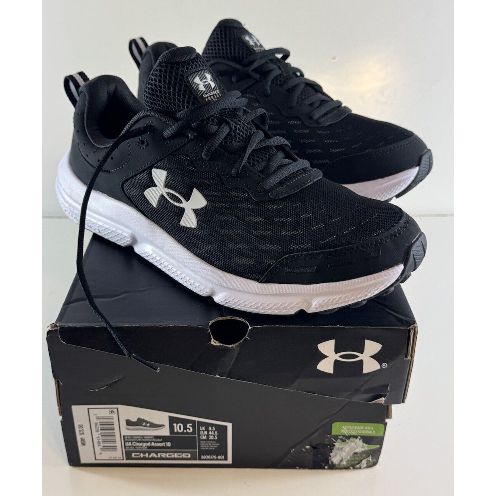 Under Armour Charged Assert 10 Running Sneakers, Black & White, Sz: 10.5, 71-04