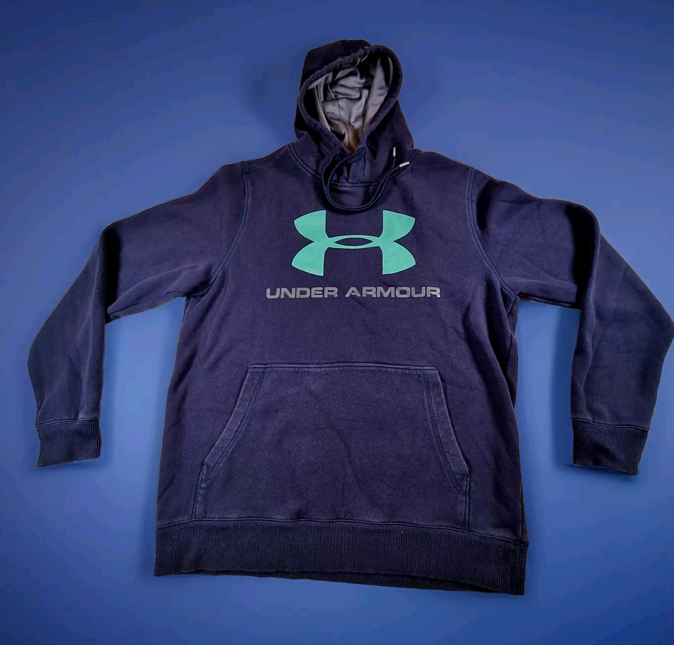Under Armour HOODIE Size Medium Fitted Coldgear Navy with Green Logo