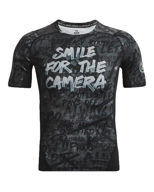 Under armour Compression T Shirt Mens Large HeatGear Training Black Printed