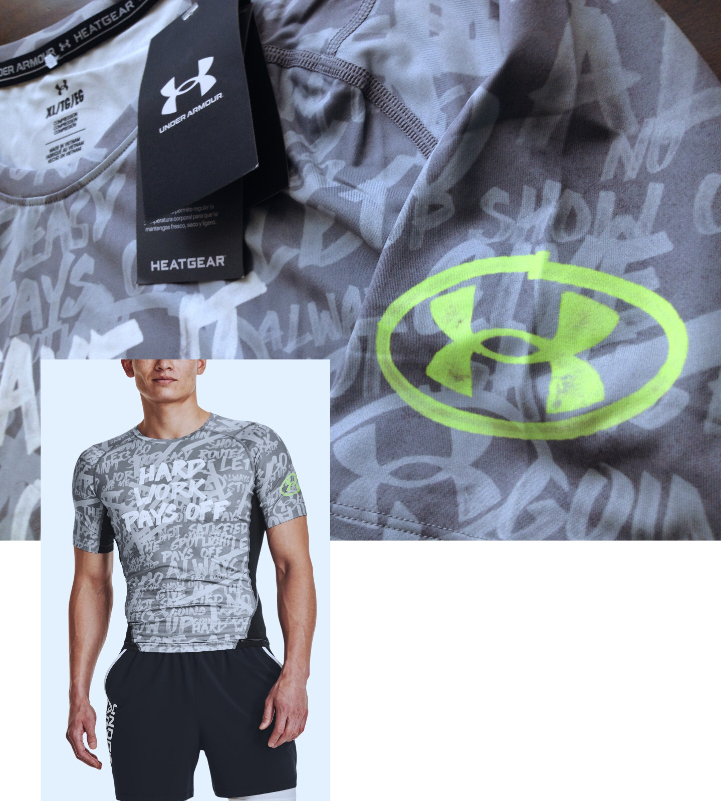 【New】Under Armour Men’s【UA HeatGear Message Compression Short Sleeve】Grey @XL