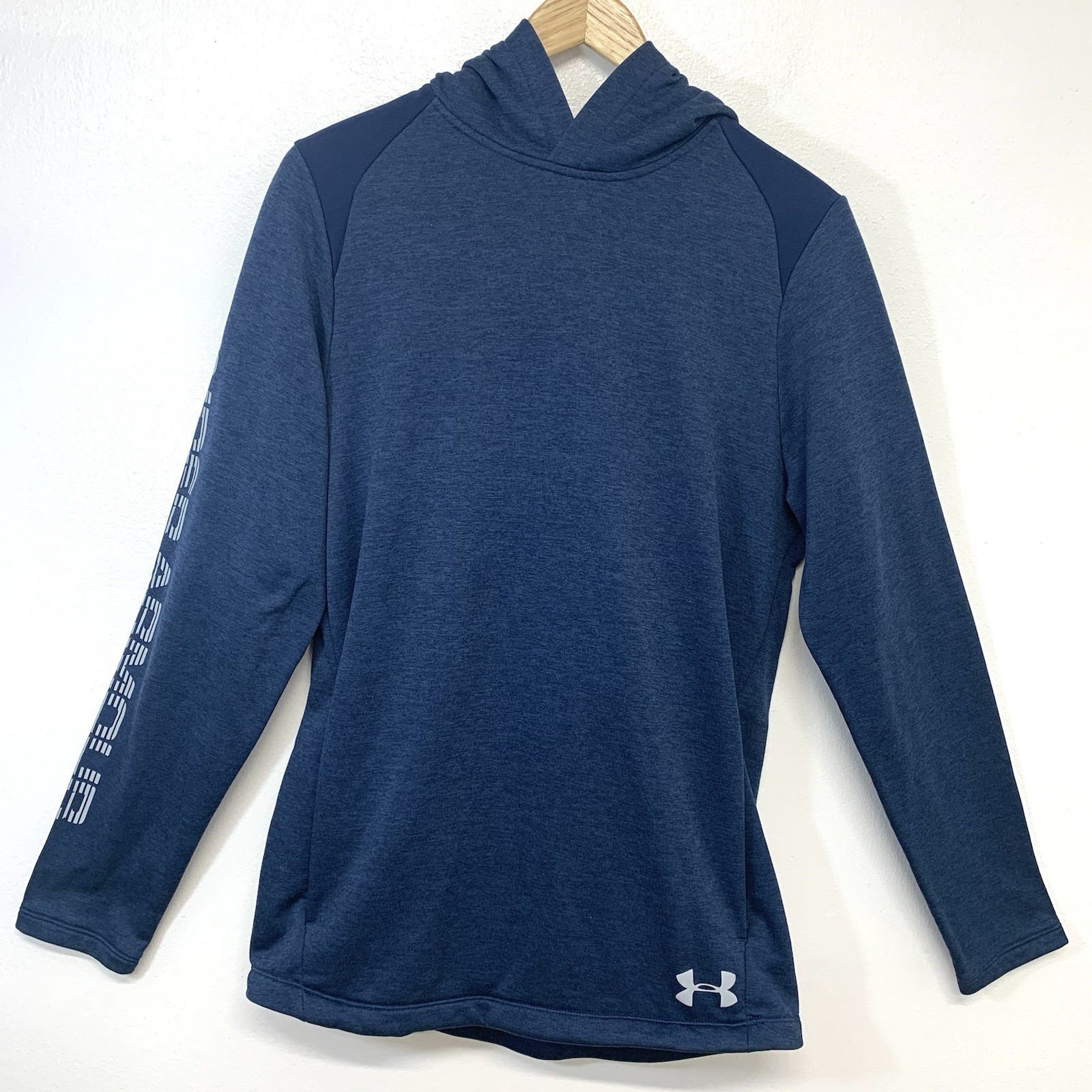 Under Armour Heat Gear Loose Sweatshirt Men Small Hoodie Blue Spell Out Pockets