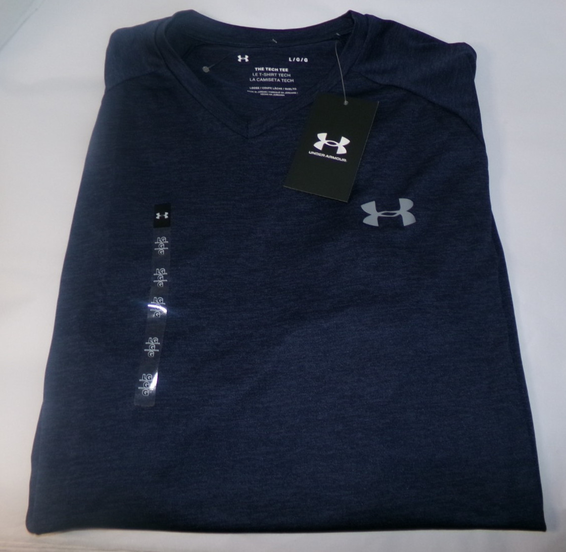 MENS UNDER ARMOUR  V-NECVK TECH T-SHIRT~SZ LRG~NAVY HEATHER~NWT