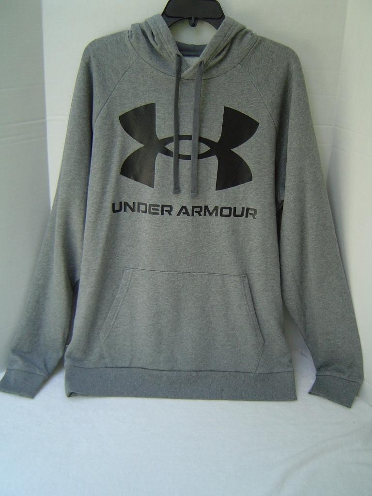 NEW MENS UNDER ARMOUR GRAY RIVAL FLEECE LONG SLEEVE HOODIE W/BLACK LOGO LT