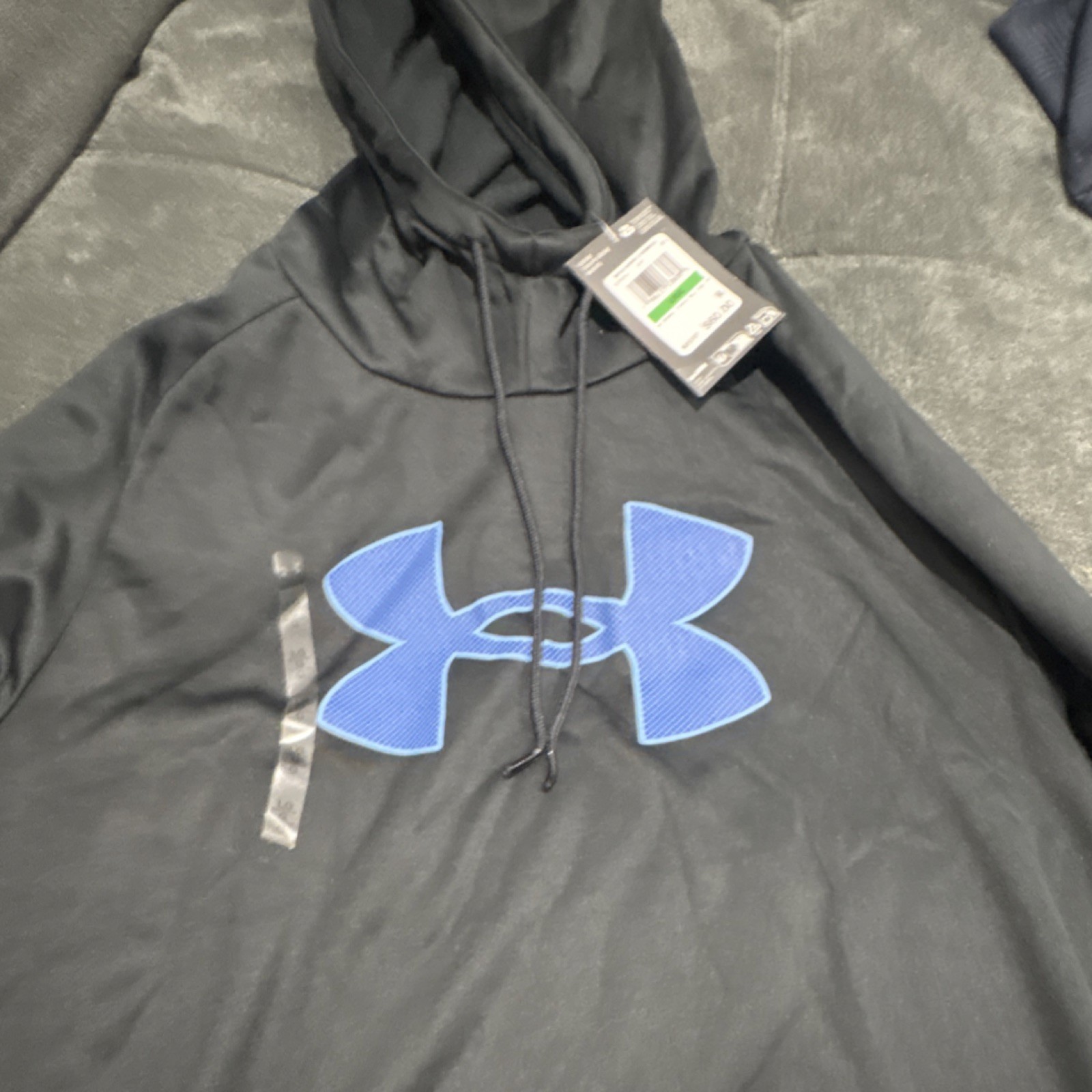 Under Armour UA Armour Fleece Big Logo HD Hoodie Black Blue L Drawstring Logo