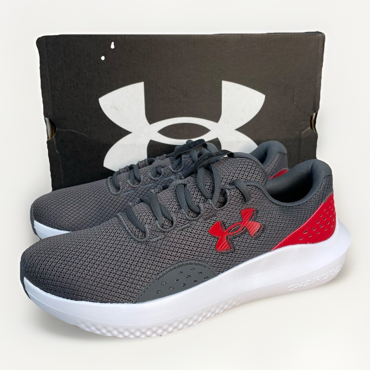 Under Armour Charged Surge 4 Men 8 Running Shoes Grey Red White Gray Comfort New