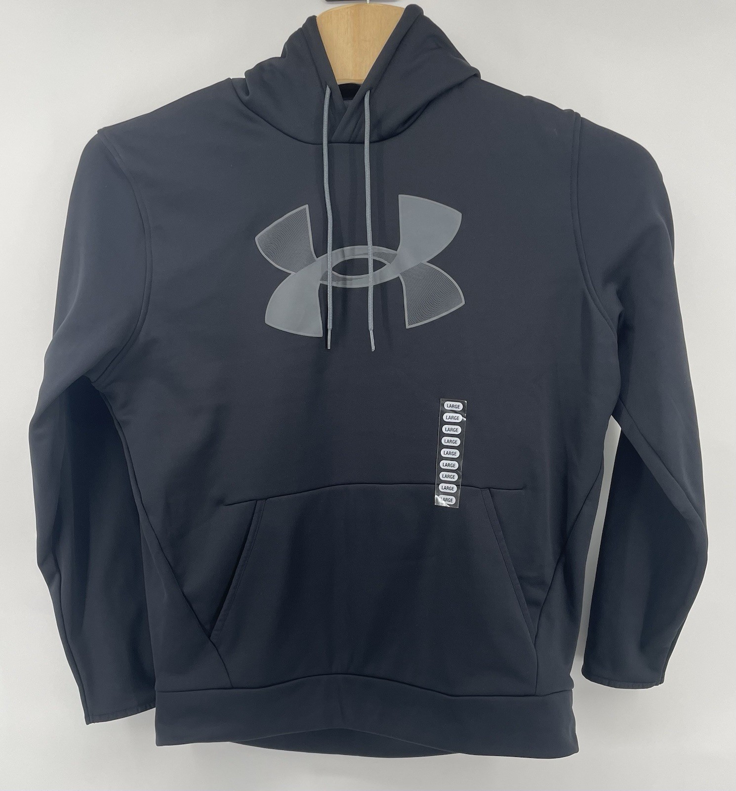 UA Under Armour Big Logo Fleece Mens Hoodie Pullover Black Sz Lg Coldgear Pocket