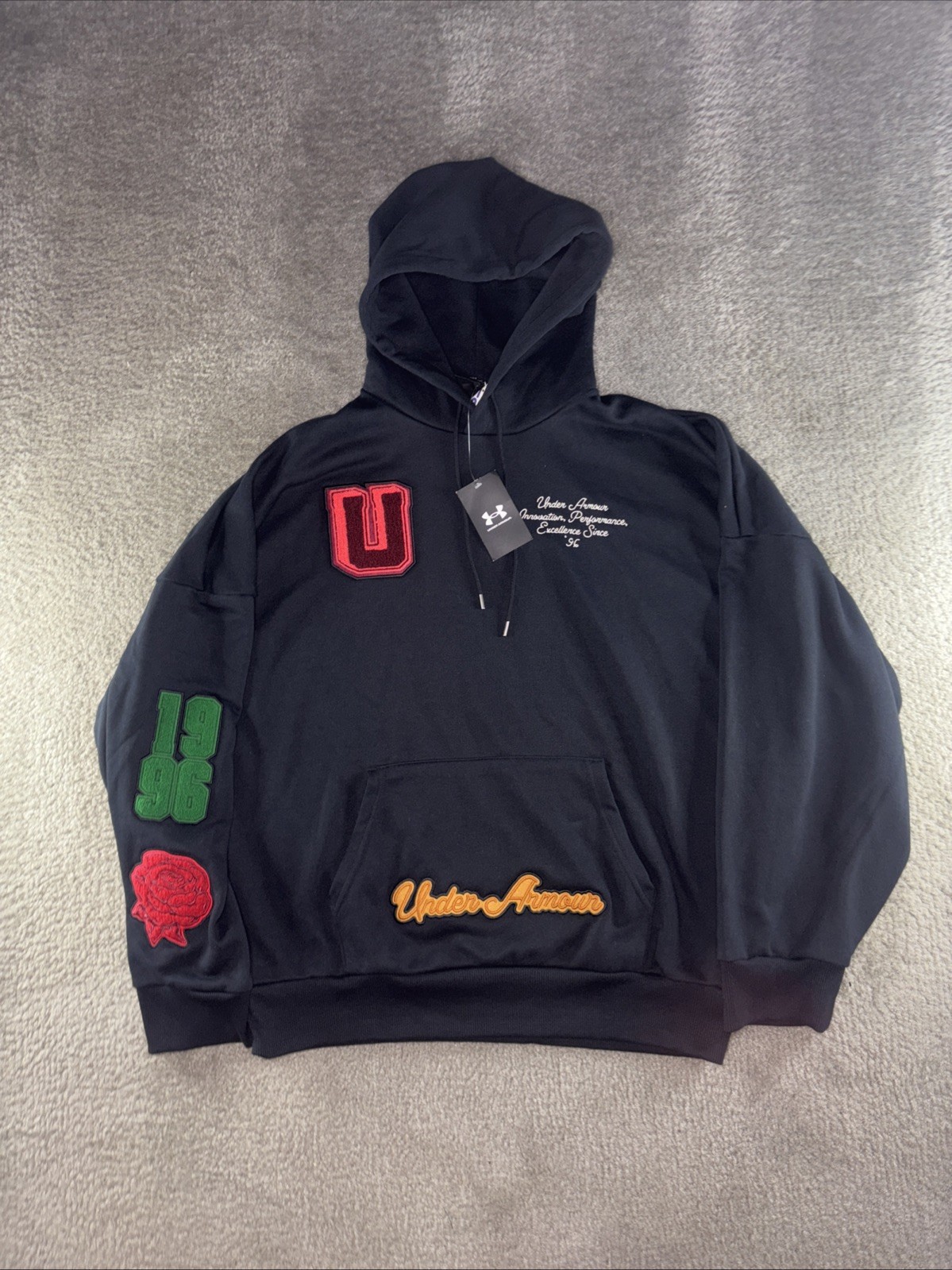 NWT $100.00 Under Armour Mens Icon Heavyweight Terry O/S Hoodie Black Size LARGE