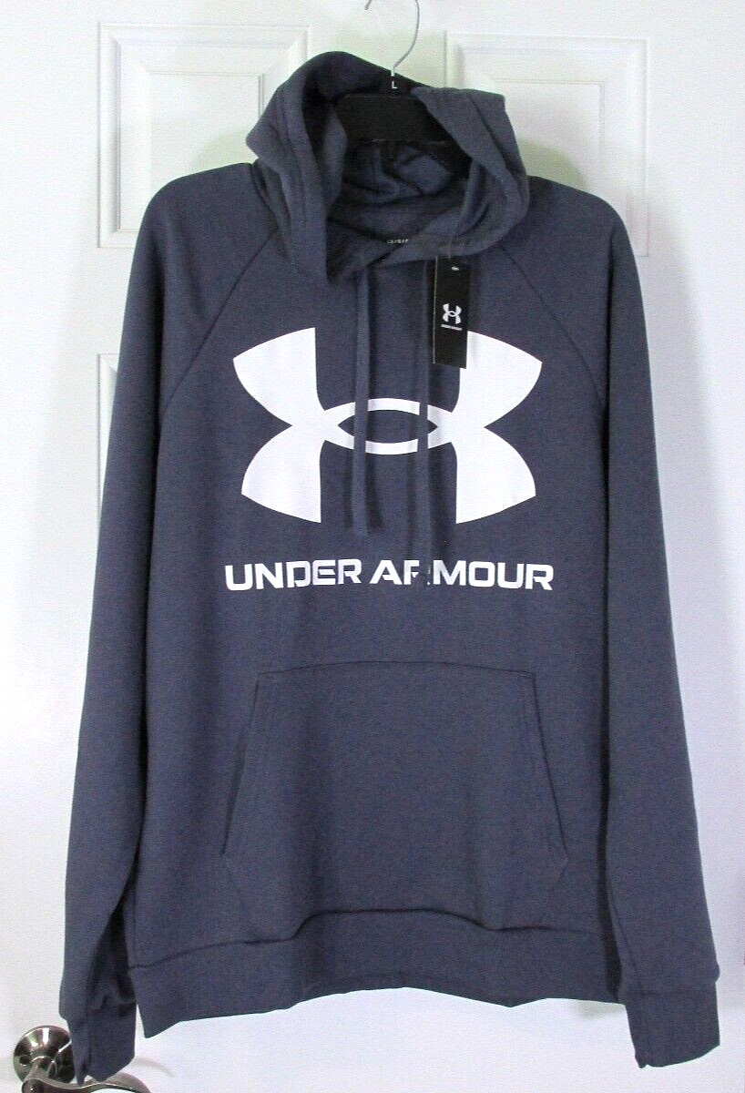 NEW MENS UNDER ARMOUR RIVAL FLEECE LINED BIG LOGO HOODIE LARGE STEEL BLUE $55