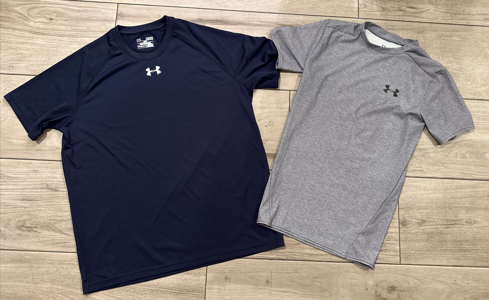 Under Armour 2 MEDIUM Heat Gear shirts: GRAY Compression and BLUE Loose