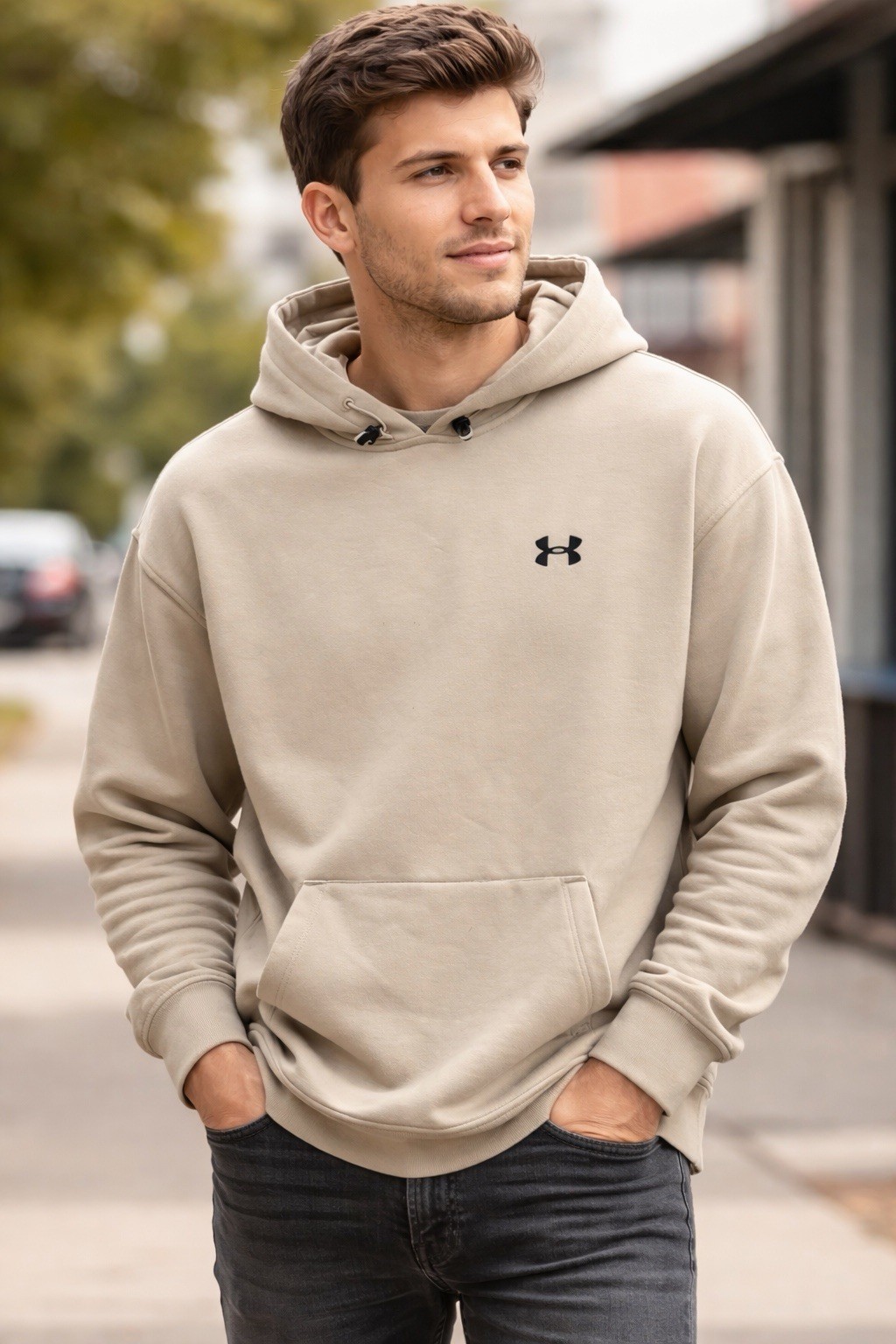 Under Armour Men’s Beige Fleece Cotton Pullover Hoodie Logo Drawstring Pockets L